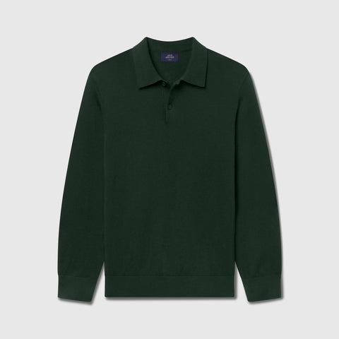Dark green knit long-sleeve polo shown flat against a light background.