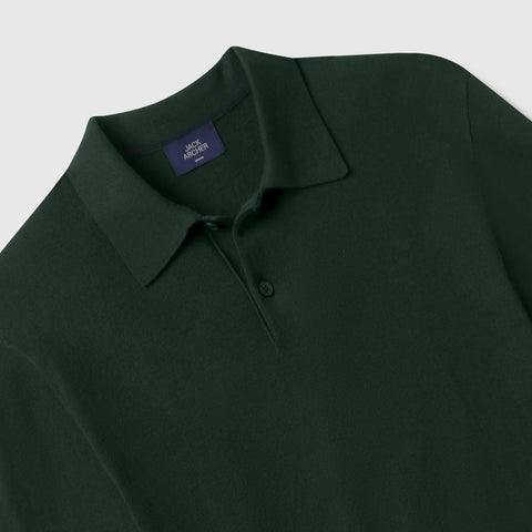 Detail of the collar and two-button placket on the dark green knit polo.
