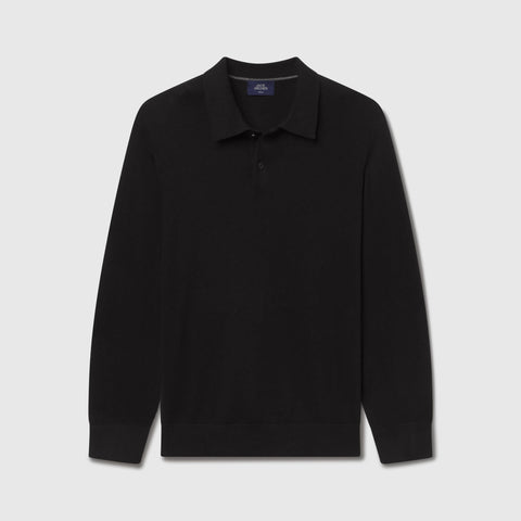 Black knit long-sleeve polo shown flat against a light background.