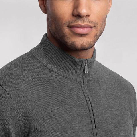 Close-up of the ribbed stand collar and zipper on a heather gray full-zip sweater.