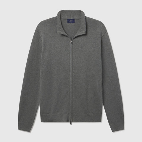 Heather gray full-zip sweater shown flat against a white background.