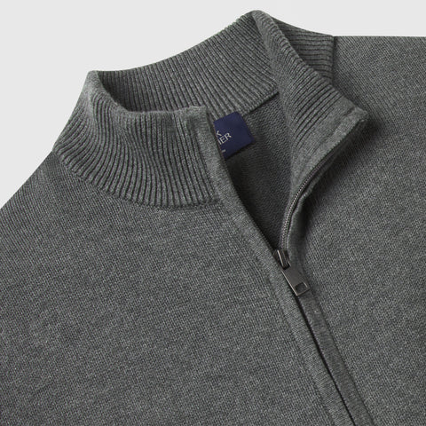 Detail of the ribbed collar, zipper pull and neck label on the heather gray full-zip sweater.