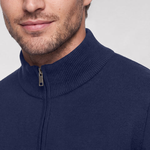 Close-up of the ribbed stand collar and zipper on a navy full-zip sweater.