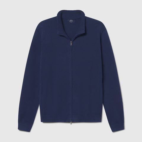 Navy full-zip sweater shown flat against a white background.
