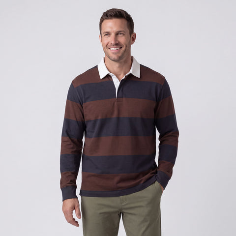 A brown and navy striped rugby polo with a white collar, shown on a plain background.