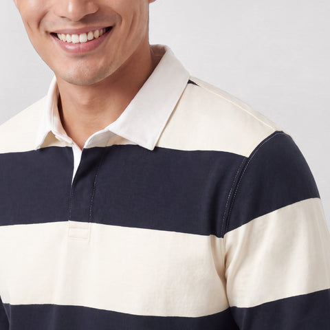 The Rugby Polo in Cream and Dark Navy, casual wear shot