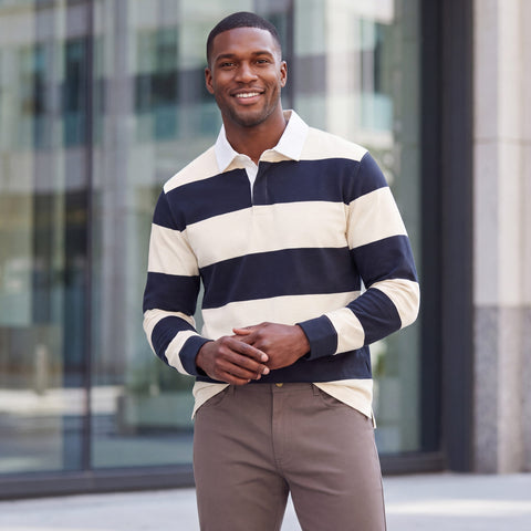 The Rugby Polo in Cream and Dark Navy, outdoor lifestyle