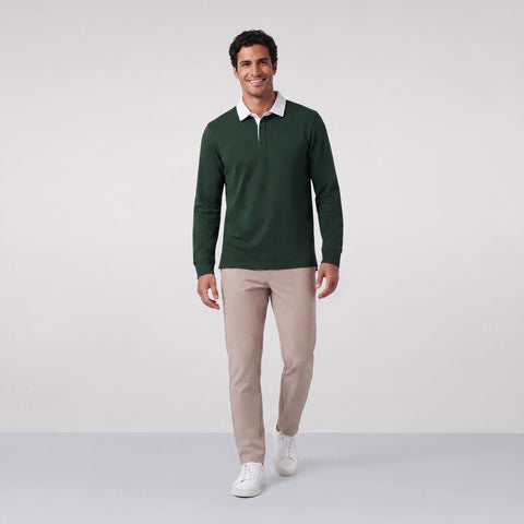 Alternate angle of a man in the Rugby Polo, Pine Grove