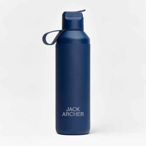 A navy insulated water bottle with a loop-handle lid, printed Jack Archer.