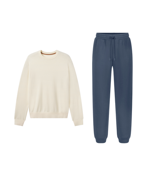 Lounge outfit flat lay: Anytime Crewneck Sweater in Cream paired with slate blue joggers