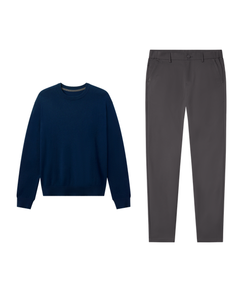 Business casual outfit flat lay: Anytime Crewneck Sweater in Deep Blue paired with charcoal pants