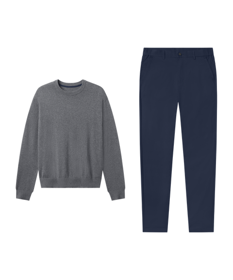 Business casual outfit flat lay: Anytime Crewneck Sweater in Medium Heather Gray with navy pants