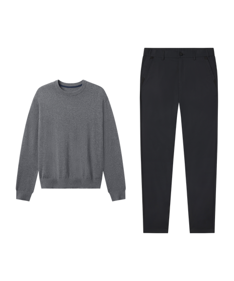Outfit flat lay: Anytime Crewneck Sweater in Medium Heather Gray paired with black Jetsetter Tech Pants