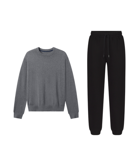 Outfit flat lay: Anytime Crewneck Sweater in Medium Heather Gray paired with black Sandwash Joggers