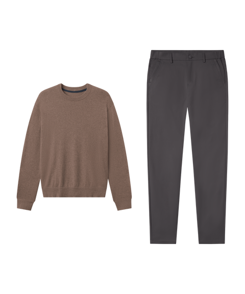 Outfit flat lay: Anytime Crewneck Sweater in Mocha Heather paired with Charcoal Gray Jetsetter Tech Pants