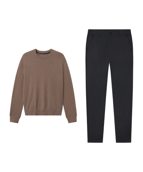 Outfit flat lay: Anytime Crewneck Sweater in Mocha Heather paired with black Jetsetter Tech Pants