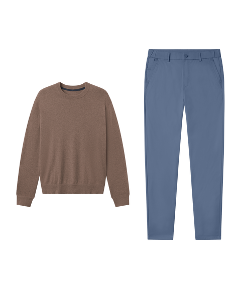 Weekend outfit flat lay: Anytime Crewneck Sweater in Mocha Heather paired with light blue pants