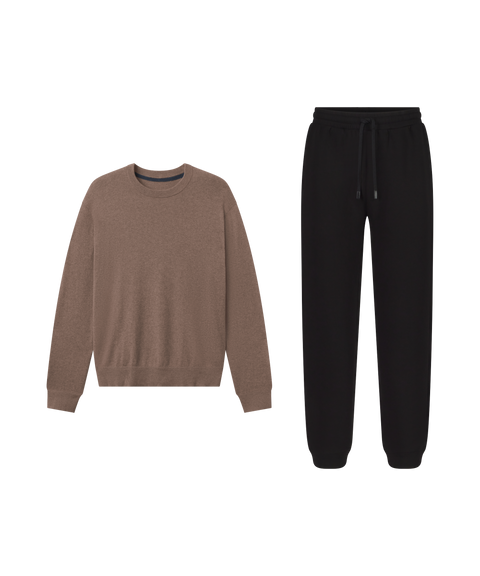 Outfit flat lay: Anytime Crewneck Sweater in Mocha Heather paired with black Sandwash Joggers
