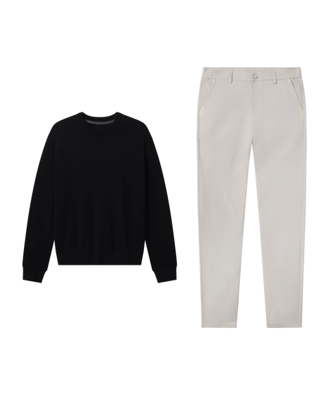 Business casual outfit flat lay: Anytime Crewneck Sweater in True Black paired with light beige pants