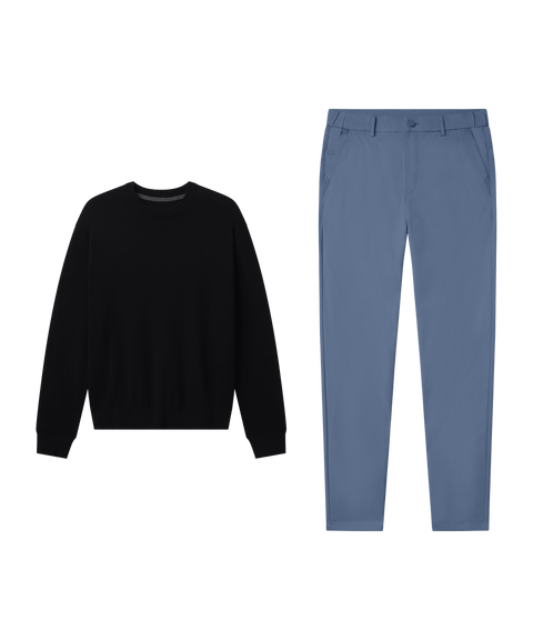 Weekend outfit flat lay: Anytime Crewneck Sweater in True Black paired with slate blue pants