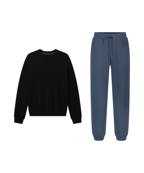 Lounge outfit flat lay: Anytime Crewneck Sweater in True Black paired with slate blue joggers