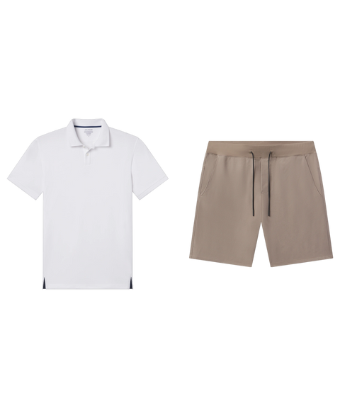 White knit polo paired with taupe drawstring sweat shorts, shown flat.