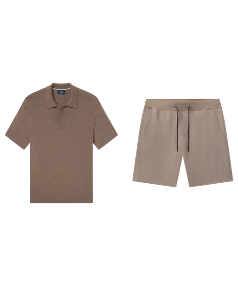 Mocha heather knit polo paired with taupe drawstring sweat shorts, shown flat.