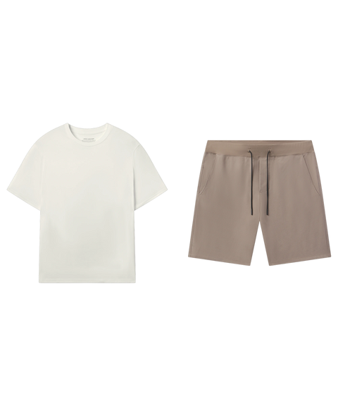 Off-white crewneck tee laid flat beside taupe drawstring knit shorts.