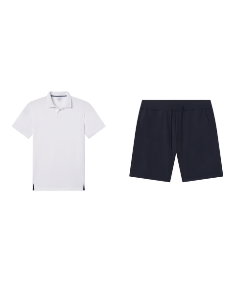 Outfit flat lay: white Clubhouse Performance Polo with Atlas Short 8 inch in Navy Blue