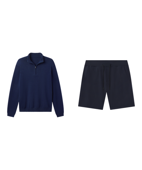 Travel outfit flat lay: navy quarter-zip sweater with Atlas Short 8 inch in Navy Blue