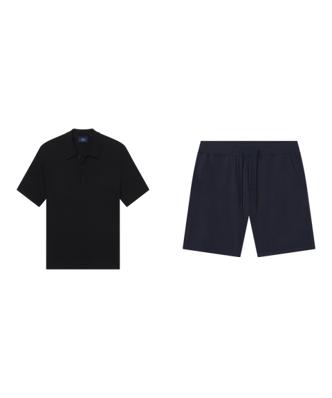 Outfit flat lay: black Legacy Resort Sweater Polo with Atlas Short 8 inch in Navy Blue