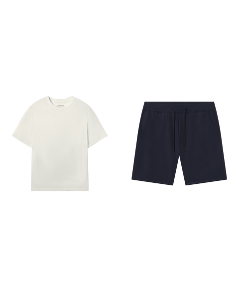 Outfit flat lay: Jetsetter Tee in Ecru with Atlas Short 8 inch in Navy Blue