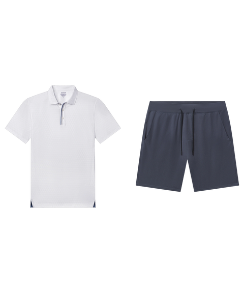 White textured polo paired with slate blue drawstring shorts in a flat-lay outfit.