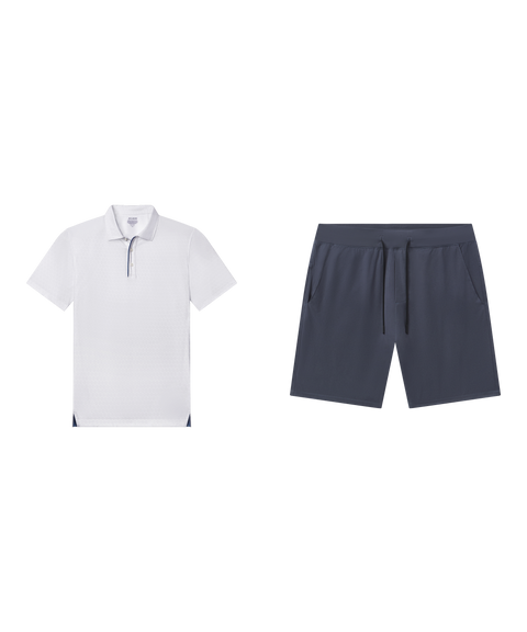 Outfit flat lay: white Clubhouse Performance Polo with Atlas Short 8 inch in Slate Blue