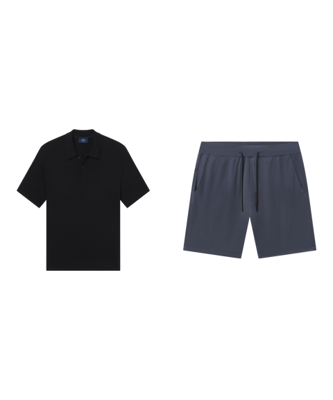 Outfit flat lay: black Legacy Resort Sweater Polo with Atlas Short 8 inch in Slate Blue
