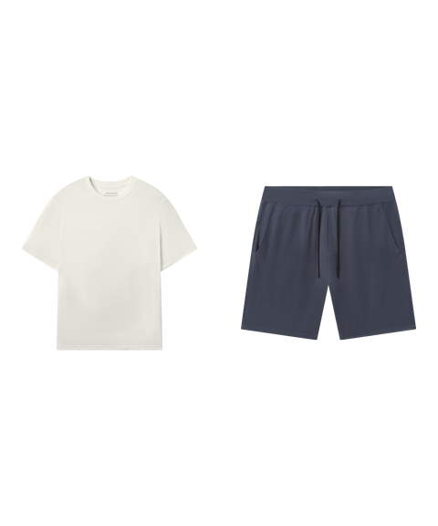 Outfit flat lay: Jetsetter Tee in Ecru with Atlas Short 8 inch in Slate Blue