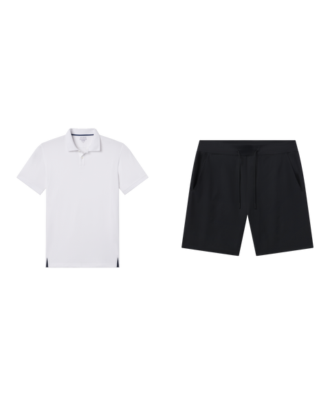 Golf outfit flat lay: white Clubhouse Pique Polo with Atlas Short 8 inch in True Black