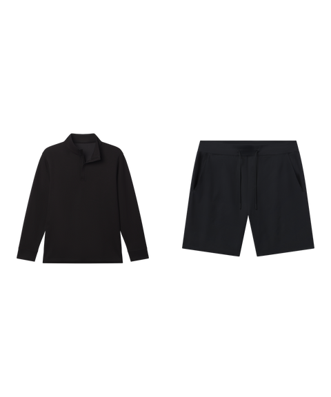 Travel outfit flat lay: black quarter-zip sweater with Atlas Short 8 inch in True Black