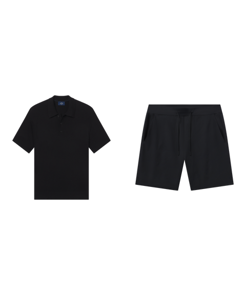Weekend resort outfit flat lay: black sweater polo with Atlas Short 8 inch in True Black