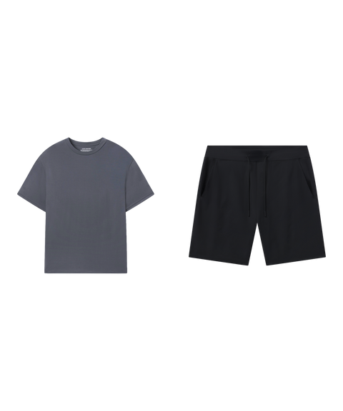 Weekend outfit flat lay: charcoal gray tee with Atlas Short 8 inch in True Black