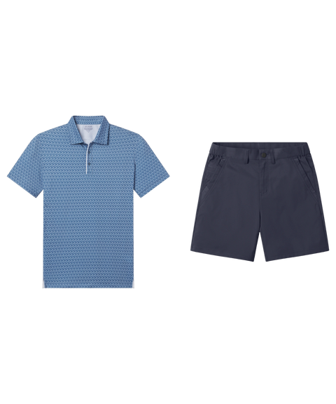 Blue geometric-print polo paired with navy shorts, shown flat.