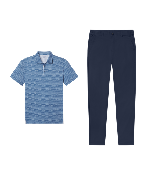 Outfit flat lay: Clubhouse Performance Polo in Bering Sea Gridline paired with navy Jetsetter Tech Pants