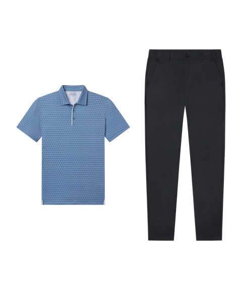 Outfit flat lay: Clubhouse Performance Polo in Bering Sea Gridline paired with black Jetsetter Tech Pants