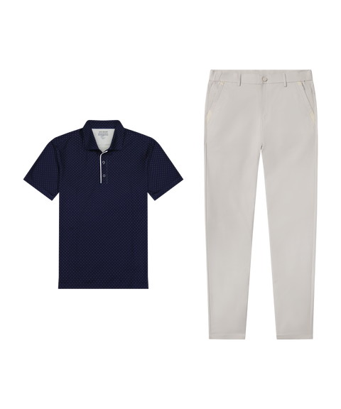 Clubhouse Performance Polo in Navy Micro Dot paired with Jetsetter Tech Pant in True White, golf course outfit