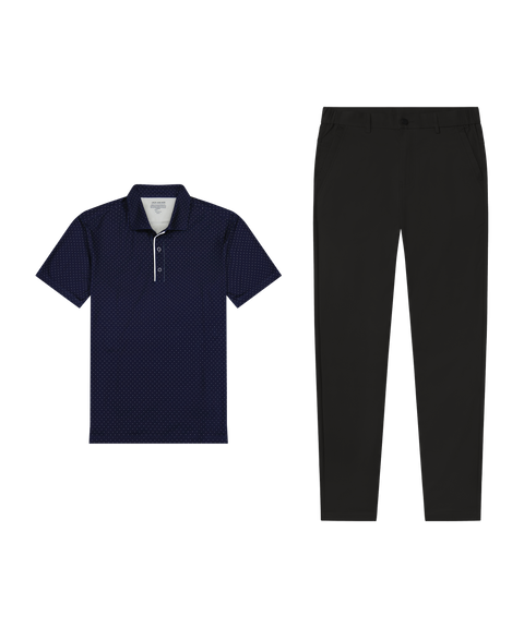 Travel outfit flat lay: Clubhouse Performance Polo in Navy Micro Dot paired with black Jetsetter Tech Pants