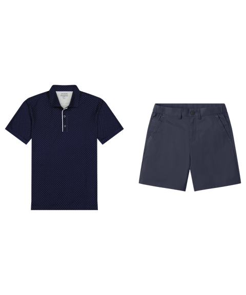 Navy micro-dot performance polo paired with navy tech shorts, shown flat.
