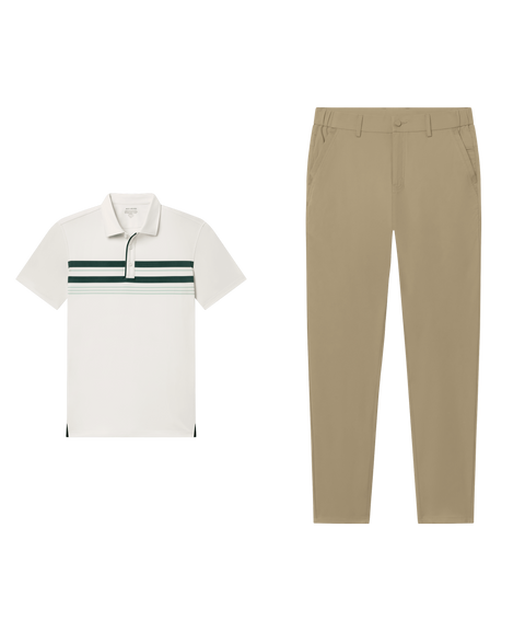 A cream striped polo paired with khaki pants.