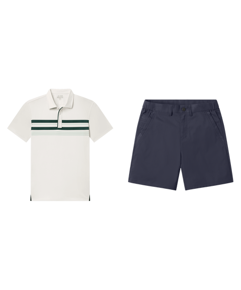 A cream striped polo paired with navy shorts.