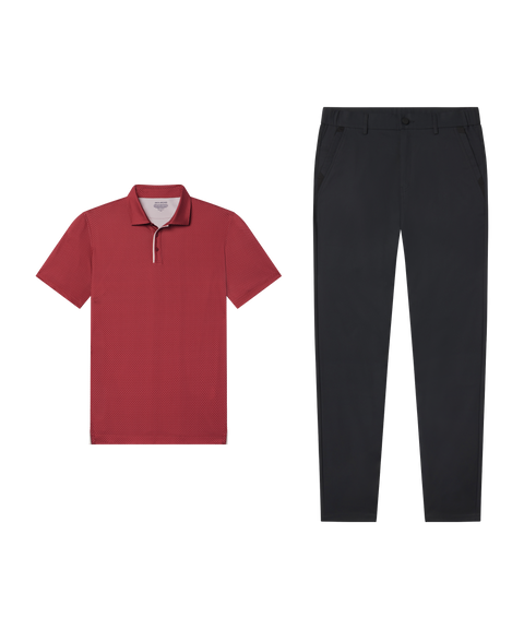 Outfit flat lay: Clubhouse Performance Polo in Red Brickline paired with black Jetsetter Tech Pants