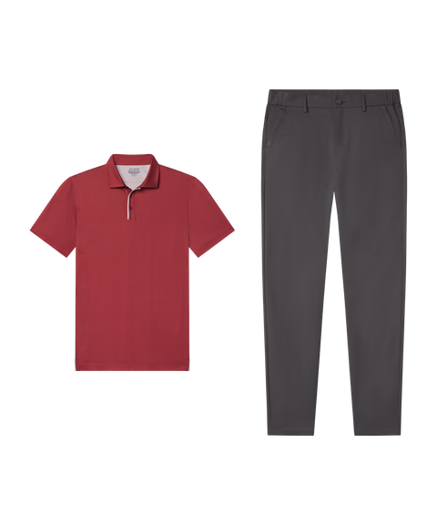 Outfit flat lay: Clubhouse Performance Polo in Red Brickline paired with Charcoal Gray Jetsetter Tech Pants